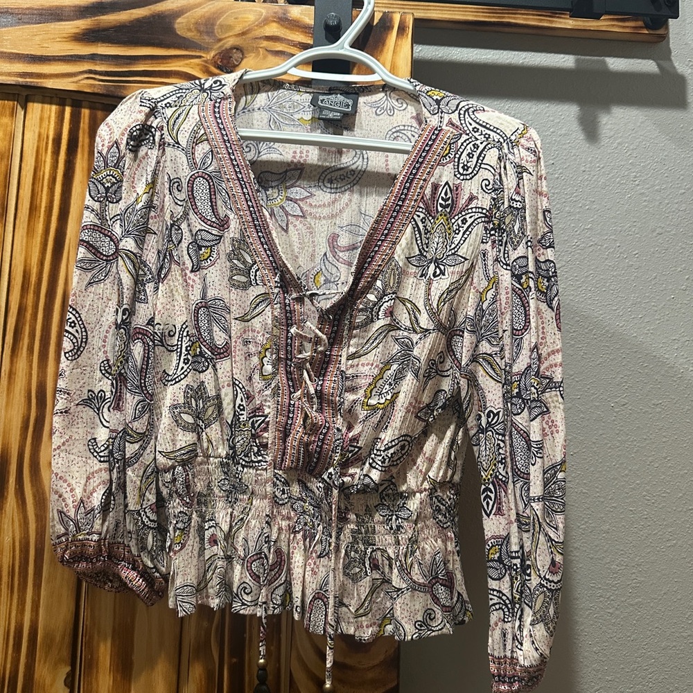 Knox Rose Multicolor Paisley Blouse with Lace-Up Detail